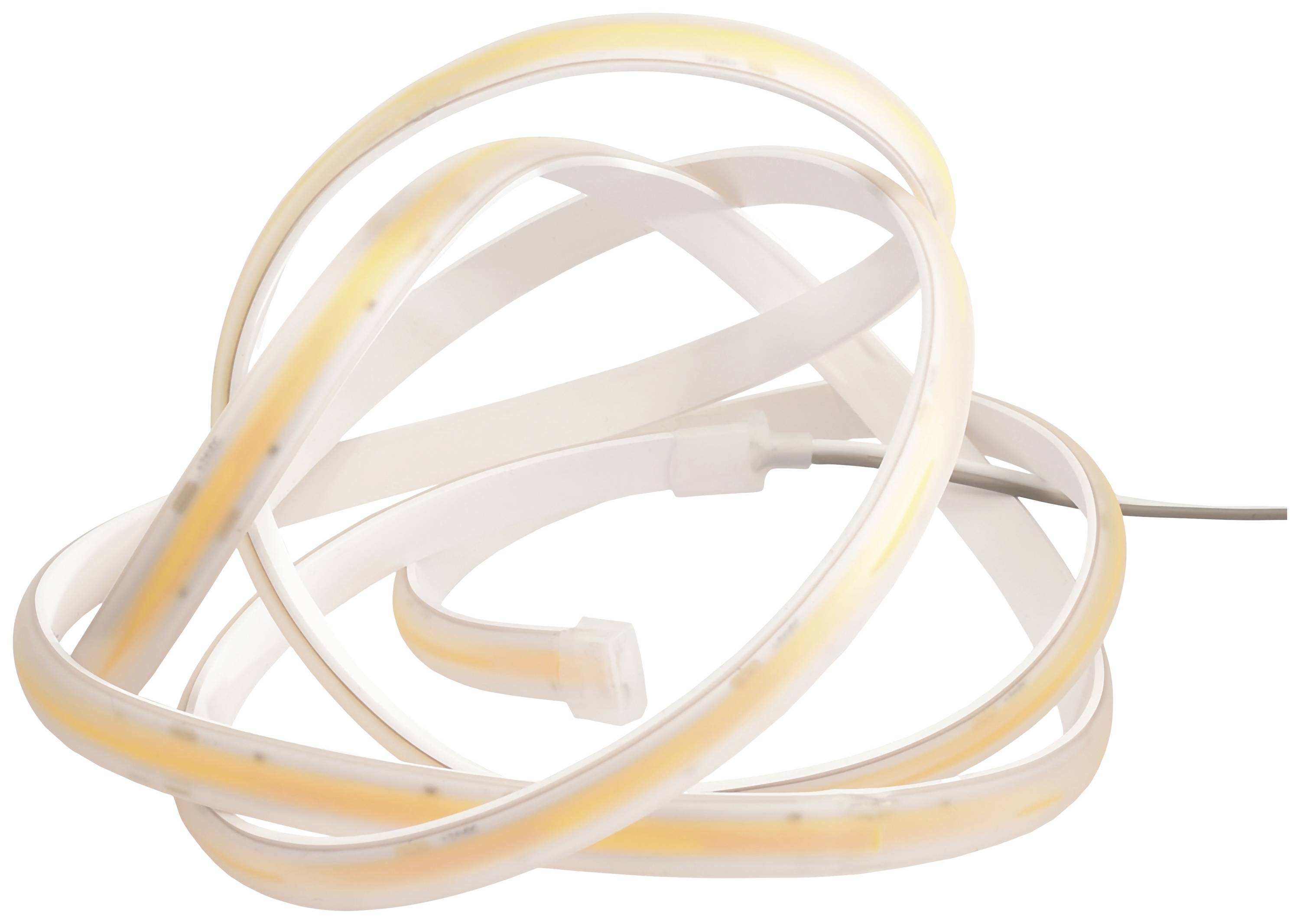 Ein zusammengerolltes LED-Lichtband mit warmem Glühen, geeignet für dekorative oder stimmungsvolle Beleuchtung.