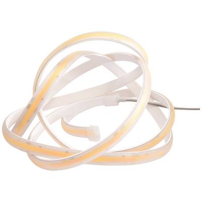 Ein flexible LED-Streifenleuchte in einer Schleifenform. Sie leuchtet in warmem Weiß und hat ein dünnes Verbindungskabel.