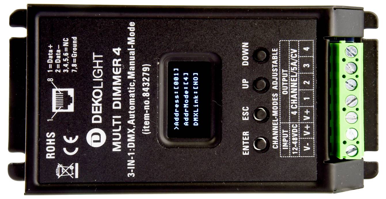 Schwarzes DC-Elektronik-Dimmermodul mit der Aufschrift „MICRO-LIGHT DIMMER 4“, kleinem Display, Bedientasten und grünem Klemmenblock.