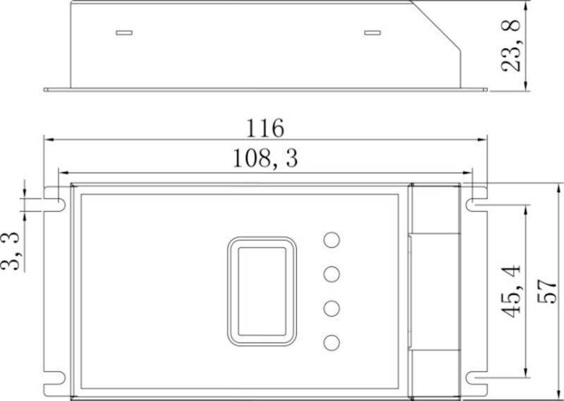 Technische Zeichnung eines elektronischen Geräts mit Maßen: Länge 116 mm, Breite 108,3 mm, Höhe 23,8 mm und andere Detailabmessungen.