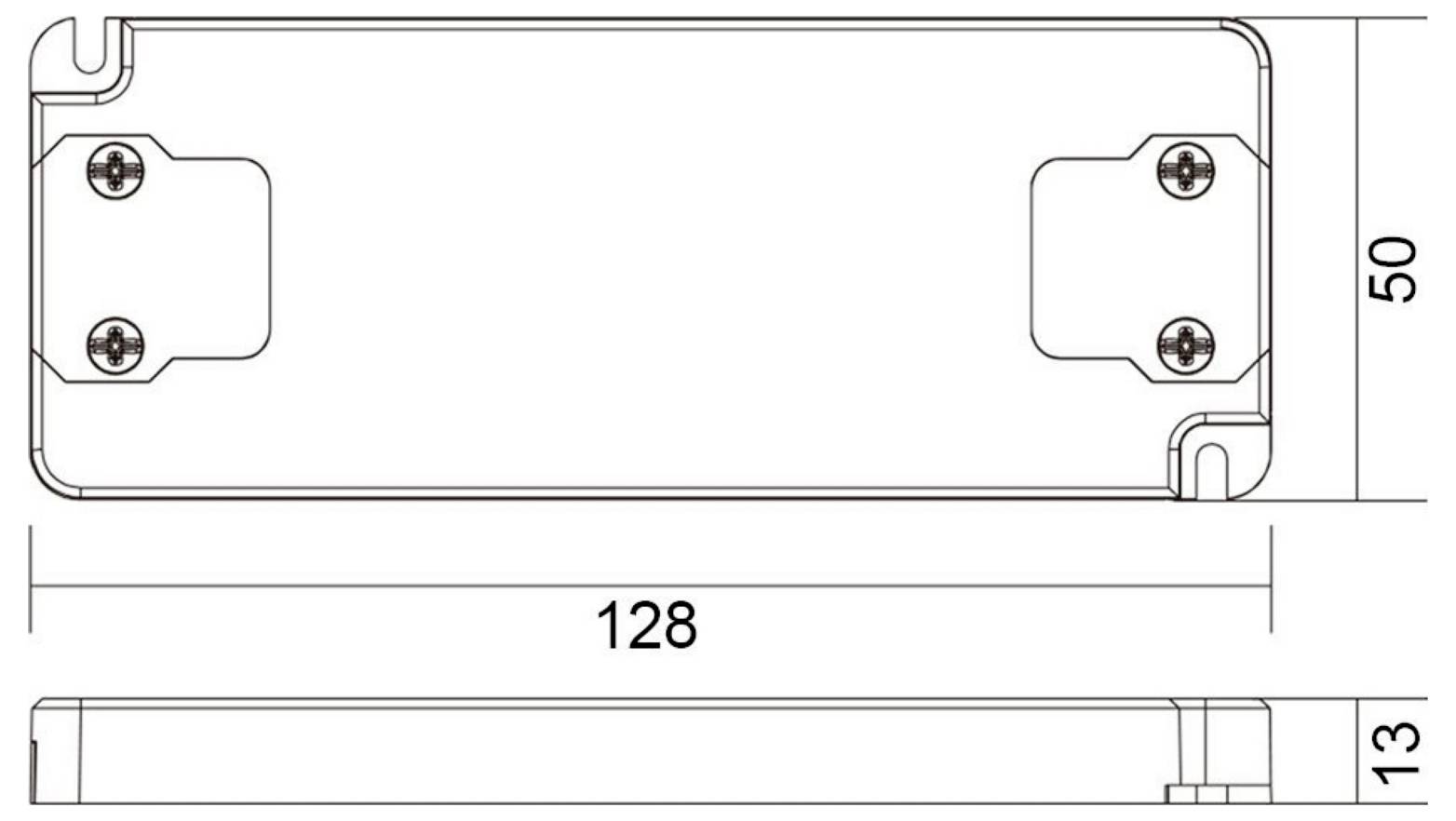 Technische Zeichnung einer rechteckigen Gehäuseplatte mit Drauf- und Seitenansicht und den Abmessungen 128 x 50 x 13.