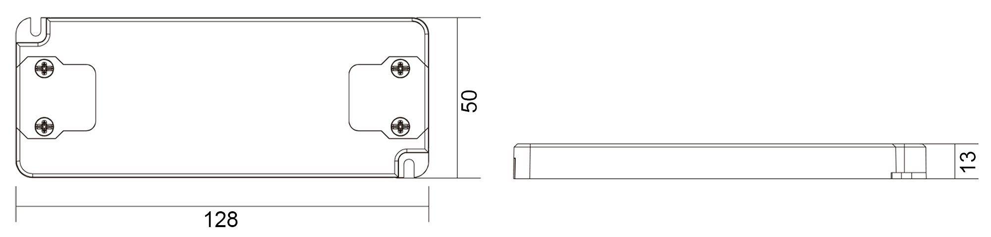 Technische Zeichnung eines rechteckigen Objekts mit Maßen: 128 mm Länge, 50 mm Breite und 13 mm Höhe, Schraubbefestigungen sichtbar.