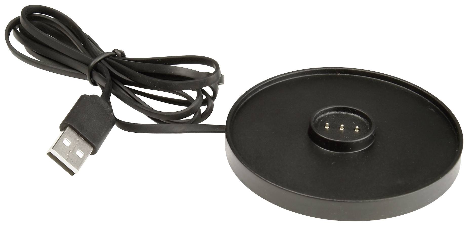 Ein schwarzes magnetisches USB-Ladekabel mit rundem Ladepad und vier kleinen Kontaktstiften. Geeignet zum Laden elektronischer Geräte.