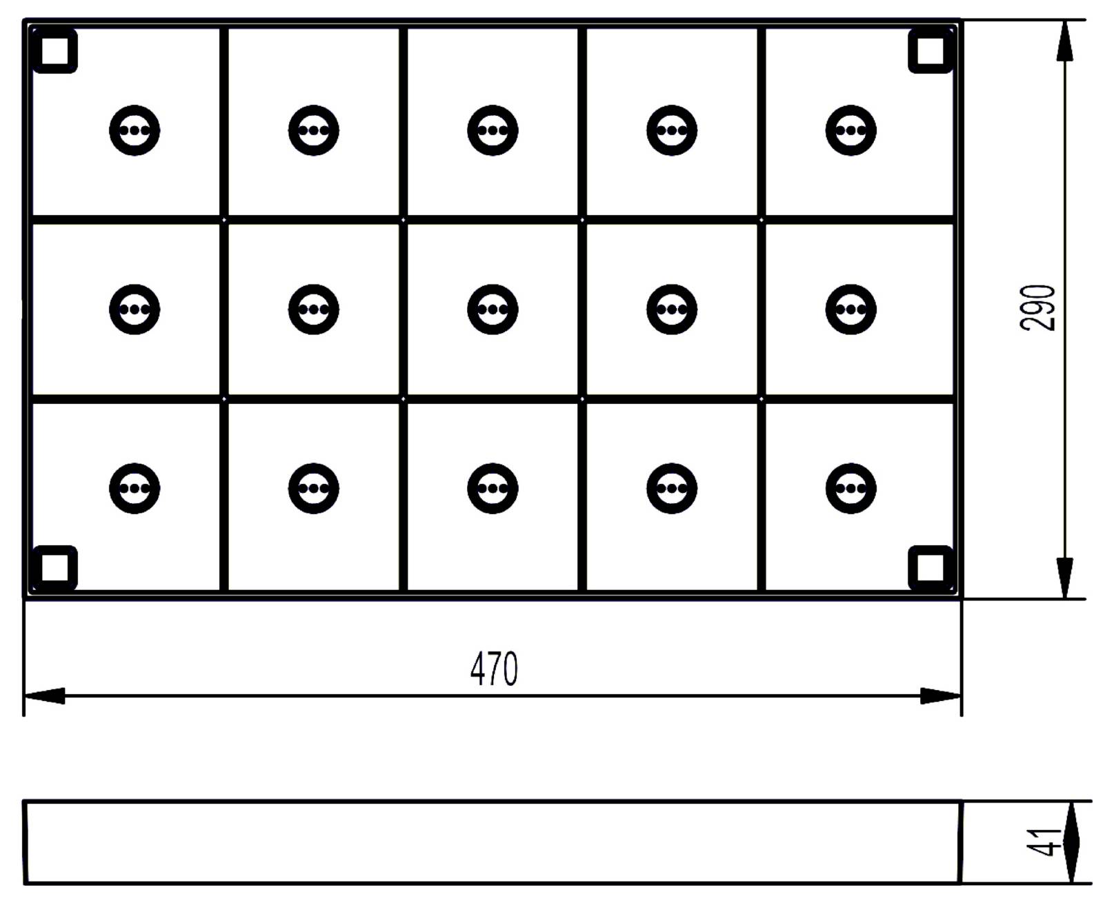 Technische Zeichnung einer rechteckigen Platte mit den Maßen 470 x 290 mit einem 5x3-Lochraster und Befestigungslöchern an den Ecken; die Seitenansicht zeigt eine Dicke von 41.