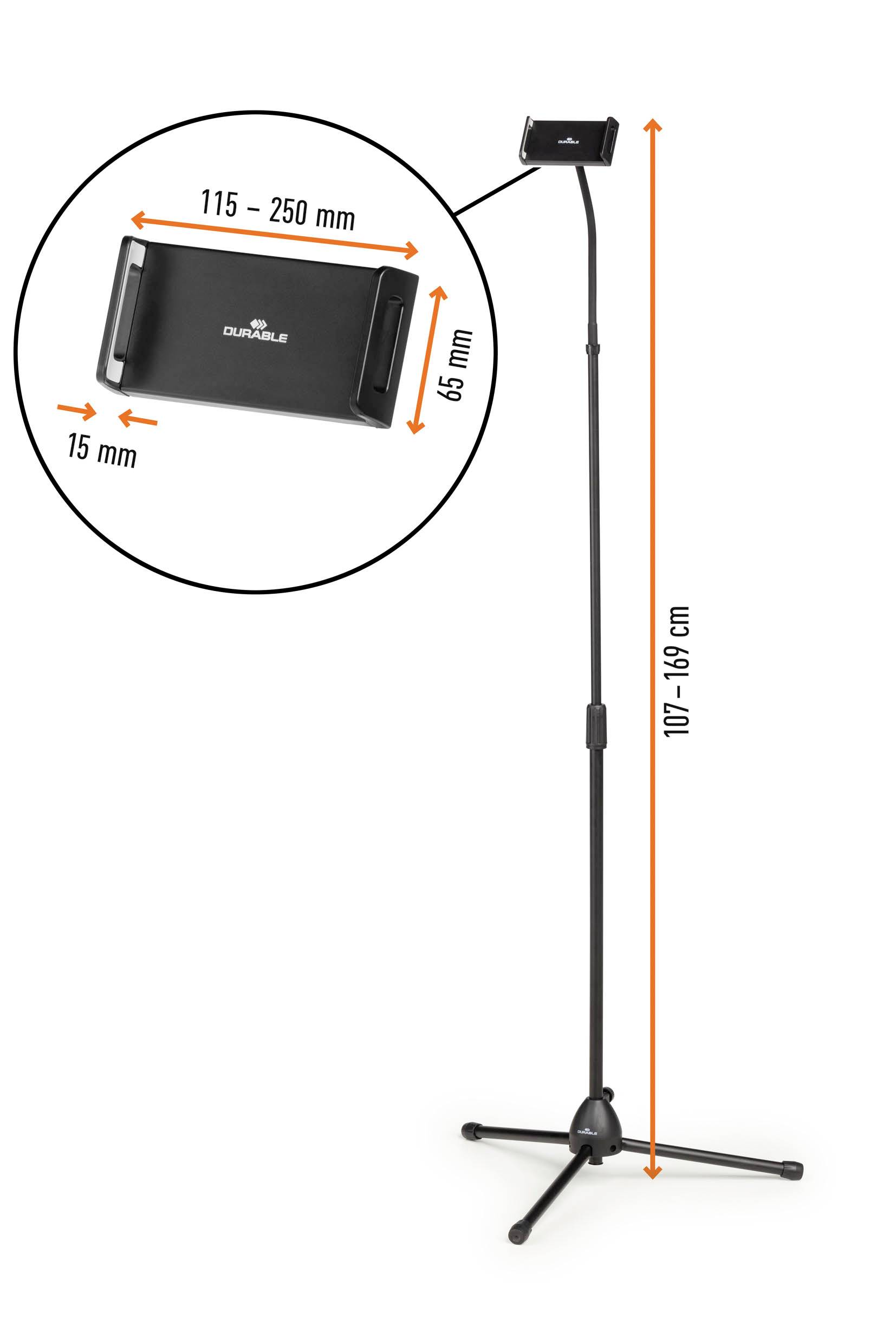 Tablet-Halterung auf einem höhenverstellbaren Stativ (107-148 cm) mit rutschfester Basis. Geeignet für Breiten von 115-250 mm.