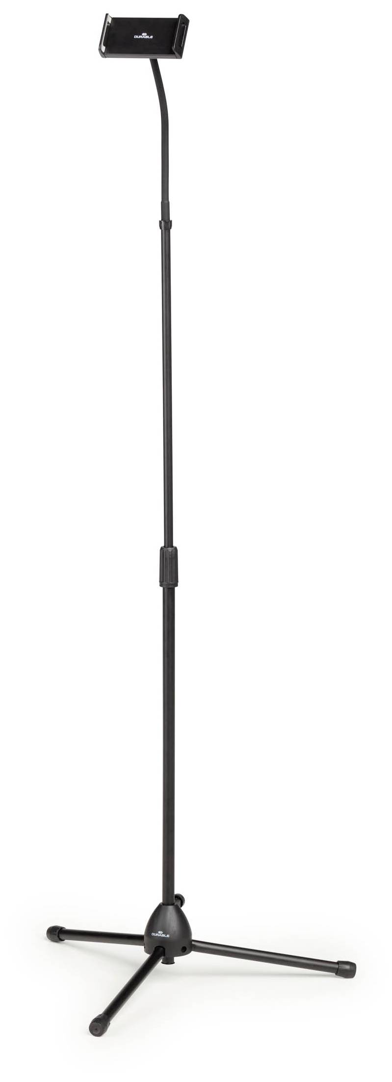 Ein schwarzes Stativ mit einem verstellbaren Arm und einer Halterung oben, geeignet zur Befestigung eines Tablets oder ähnlicher Geräte.