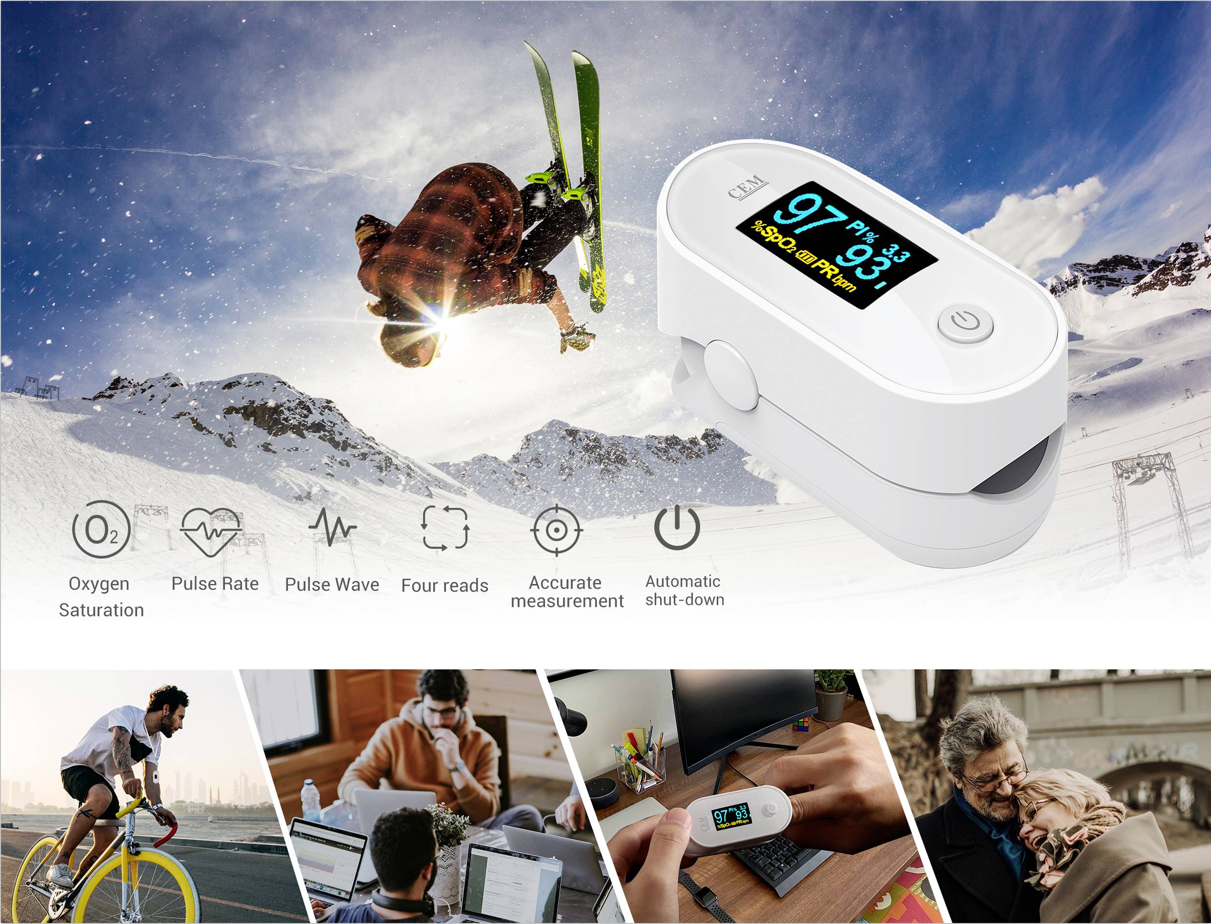 Ein Pulsoximeter zeigt 'SpO2 97%' und 'PR 83'. Im Hintergrund Skifahrer, Radfahrer, Mann vor Laptop und Messung an einem Finger.