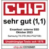 Das Bild zeigt das CHIP-Testsiegel 'sehr gut (1,1)' für die Samsung T9 2TB SSD, getestet im Oktober 2023. 'Unabhängige Tests seit 1978'.