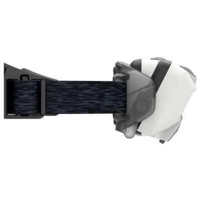 Eine weiße virtuelle Realität-Headset mit schwarzem Kopfband, Seitenansicht.