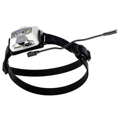 Schwarz-weiße Stirnlampe mit verstellbarem Band und Kabel. Zwei Lichtquellen vorne, robustes Design, geeignet für Outdoor-Aktivitäten.