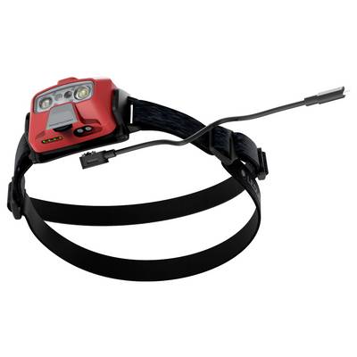 Rote Stirnlampe mit verstellbarem Band und Kabel. Sie hat drei Leuchten, einen Knopf an der Seite und eine Ladestandanzeige.