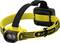 Gelbe Stirnlampe mit schwarzem Band, Modell EXH6R von Ledlenser, mit seitlicher Anpassung und Akku auf der Rückseite.