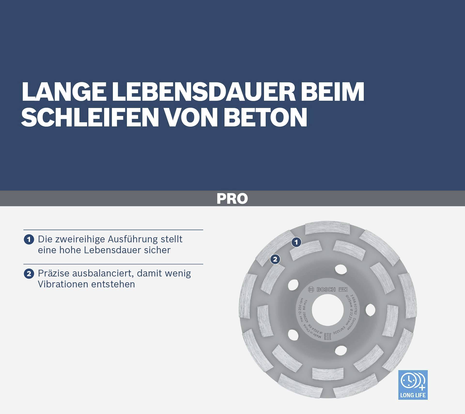 'PRO Schleifscheibe: Lange Lebensdauer beim Schleifen von Beton mit präziser Ausbalancierung für minimale Vibrationen.'