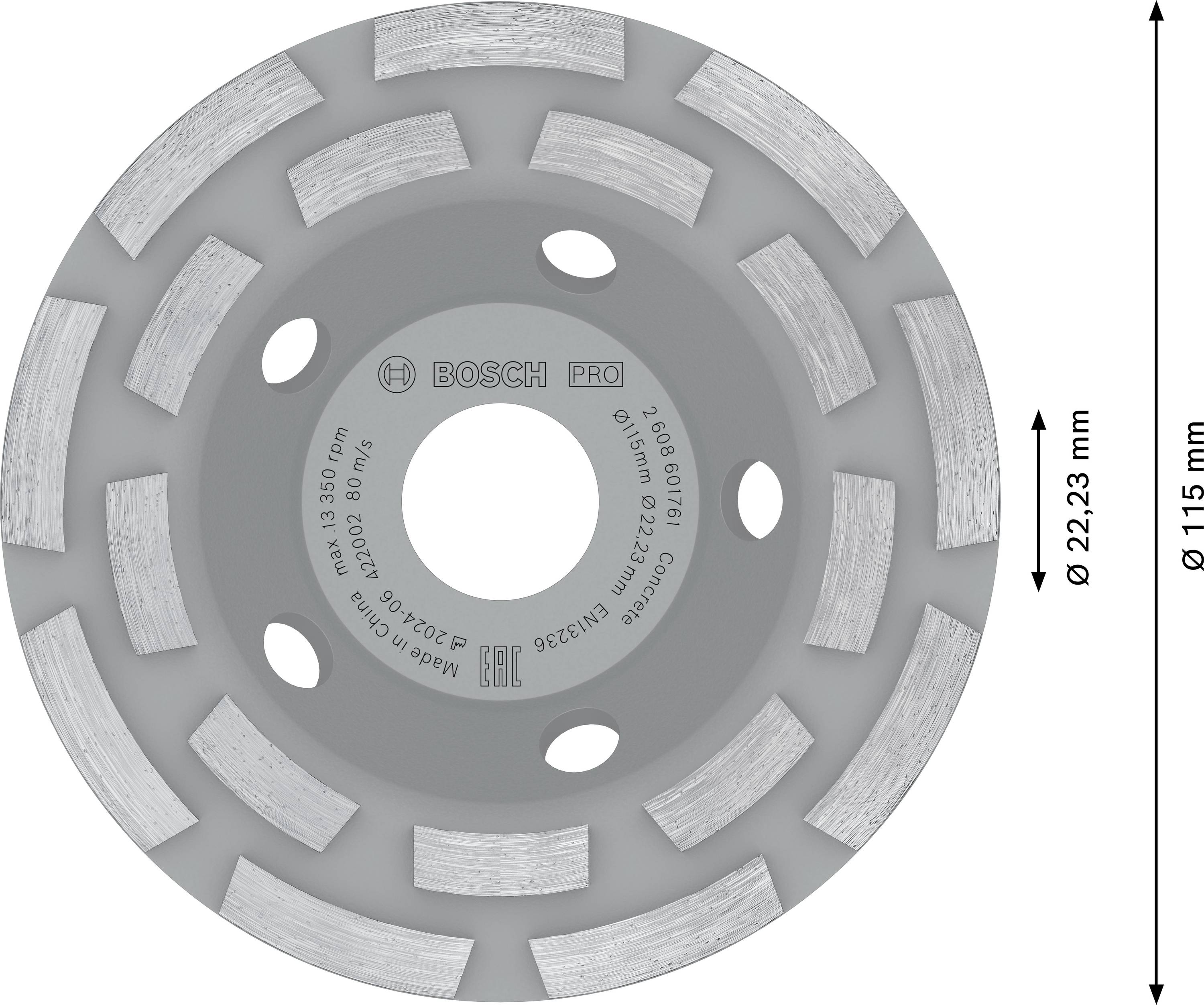 Schleifscheibe von Bosch mit silbernen Segmenten, Durchmesser 115 mm, Bohrungsdurchmesser 22,23 mm, für Betonbearbeitung geeignet.