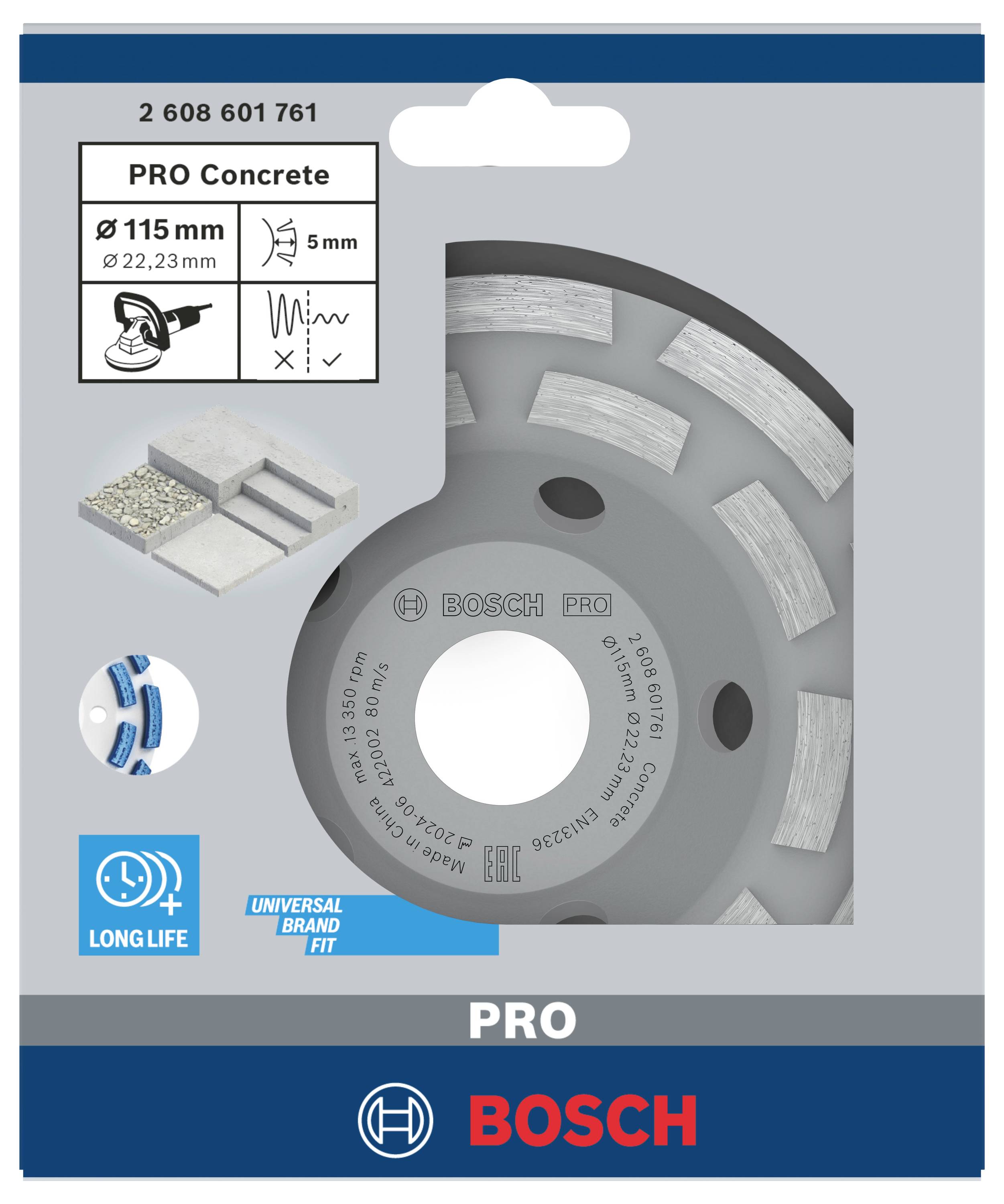 'Bosch Pro Concrete Schleifscheibe, Ø115mm, geeignet für Beton. Lange Lebensdauer, Universalmarkenpassform.'