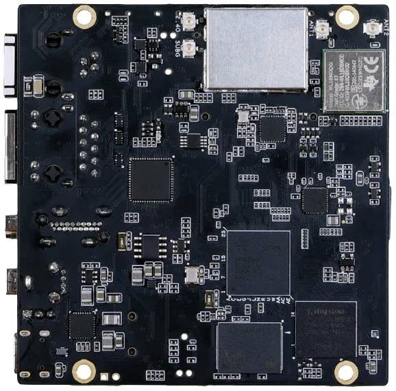 Eine schwarze elektronische Platine mit mehreren Komponenten und Anschlüssen. Sie ist vermutlich Teil eines technischen Geräts oder Computers.