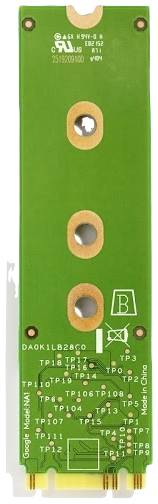 Grüne Elektronikplatine mit mehreren runden Kupferkontakten und weißen Beschriftungen. Oben befinden sich Logos und Seriennummer.