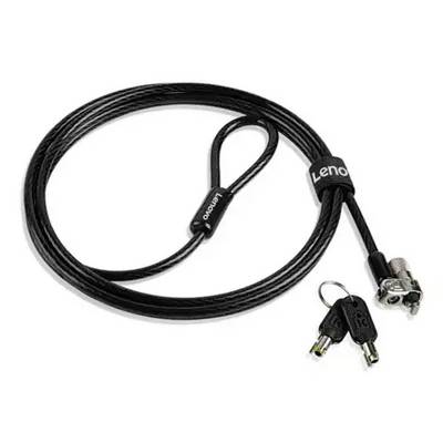 Ein schwarzes Sicherheitsschloss mit Kabel, zwei Schlüsseln und einer 'Lenovo'-Markierung. Geeignet für die Sicherung von Laptops.