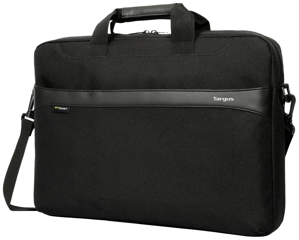 Schwarze Laptoptasche mit Schultergurt und Griffen, markiert mit 'Targus' und 'EcoSmart', geeignet für Business- und Reisegebrauch.
