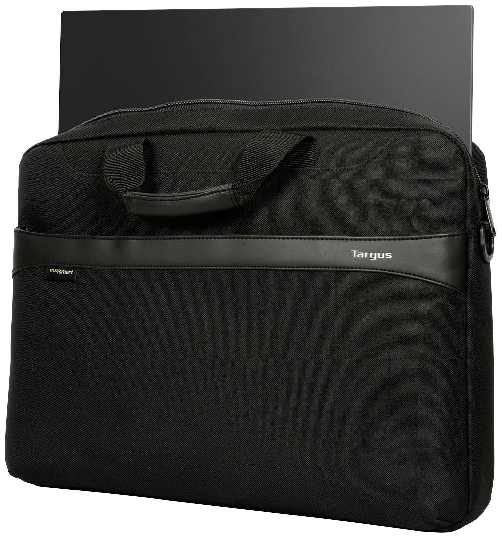Eine schwarze Laptoptasche mit Griff und Fronttasche, passend für einen Laptop. Die Tasche hat ein schlichtes, modernes Design.