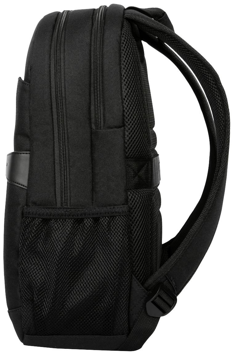 Schwarzer Rucksack, seitliche Ansicht, zeigt gepolsterte Schultergurte, zwei Reißverschlussfächer und Netzseitentaschen.