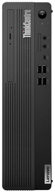 Ein schwarzer Lenovo ThinkCentre PC in vertikaler Ausrichtung mit mehreren USB-Anschlüssen, Audioanschlüssen und einem optischen Laufwerk.