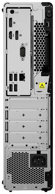 Rückseite eines Computergehäuses mit mehreren USB-Anschlüssen, HDMI, Ethernet und Stromanschluss. Oberer Hinweis: Warnsymbol.