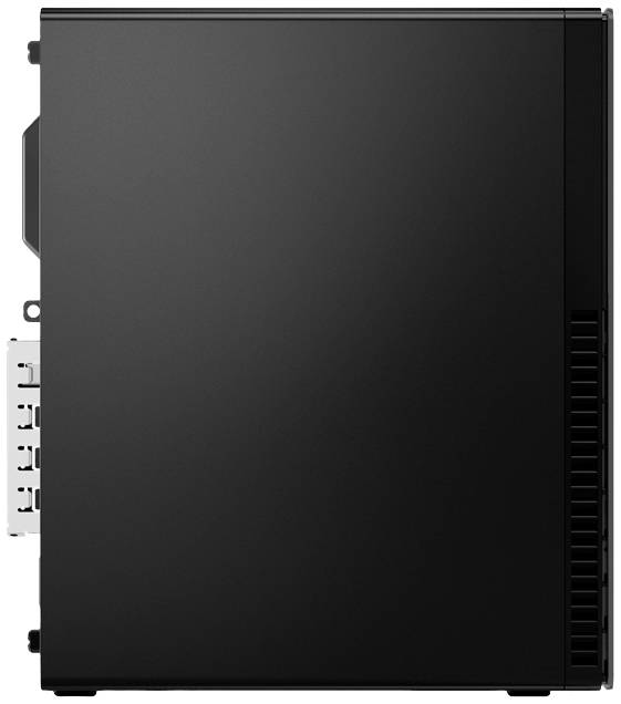 Schwarzes Computergehäuse, Seitenansicht. Einfache, glatte Oberfläche ohne sichtbare Marken oder besondere Merkmale.