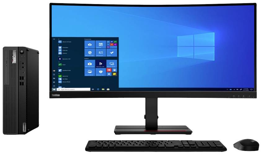 Computer-Setup mit großem Curved-Monitor, zeigt Windows-Desktop, daneben eine Computerbox, eine Tastatur und eine Maus.