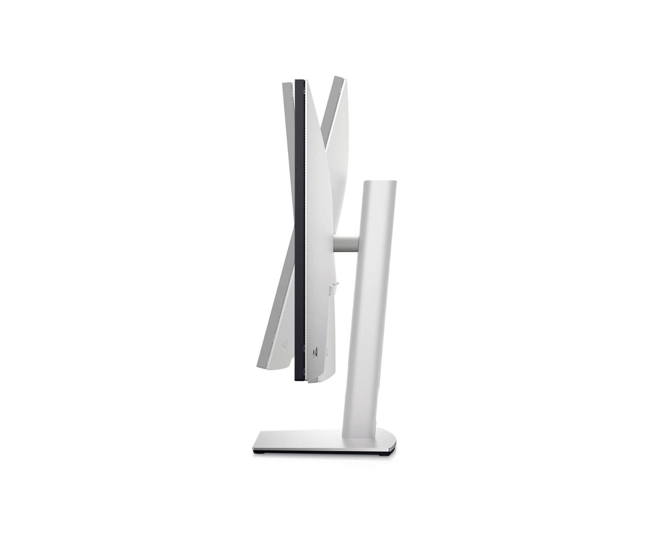 Ein Computer-Monitor von der Seite, zeigt das Profil des schlanken Designs mit einem schwenkbaren Standfuß.