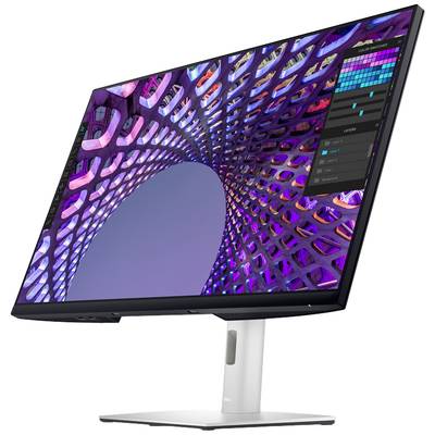 Ein Computerbildschirm zeigt ein buntes, spiralförmiges digitales Kunstwerk mit einem Grafikbearbeitungsprogramm auf der rechten Seite.