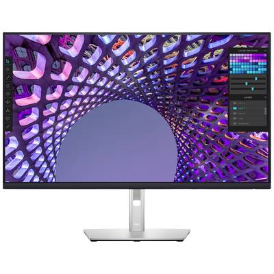 Ein Computermonitor zeigt ein Farbdesignprogramm mit einem abstrakten, purpurfarbenen geometrischen Muster als Hintergrund.