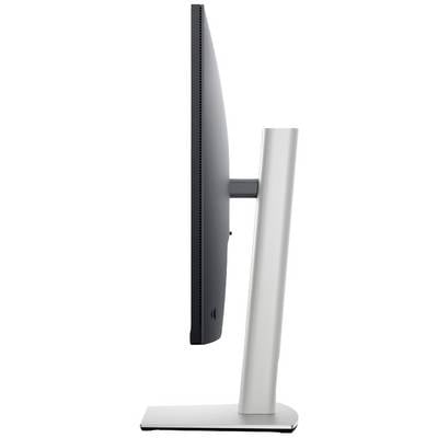 Seitenansicht eines schlanken Computerbildschirms auf einem rechteckigen Standfuß. Der Monitor ist schwarz mit einem silbernen Standfuß.