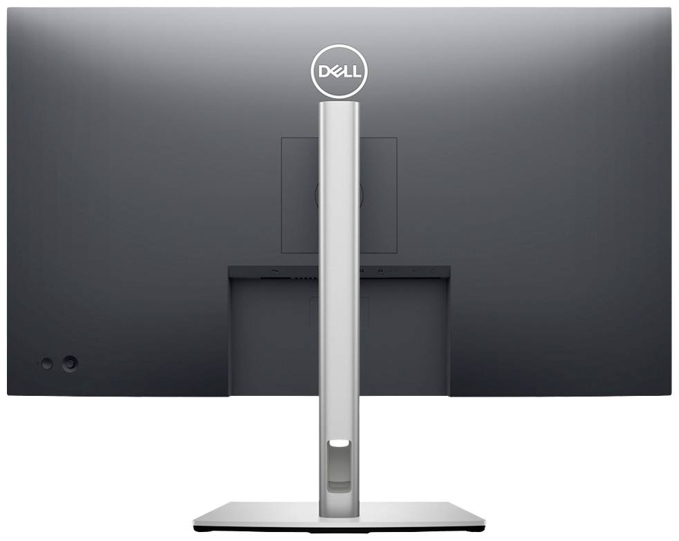Ein schwarzer Computerbildschirm von hinten gesehen, mit silbernem Standfuß. Oben befindet sich das Dell-Logo.