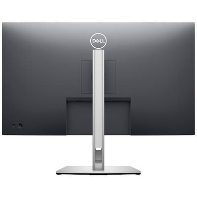 Ein schwarzer Computerbildschirm von hinten gesehen, mit silbernem Standfuß. Oben befindet sich das Dell-Logo.