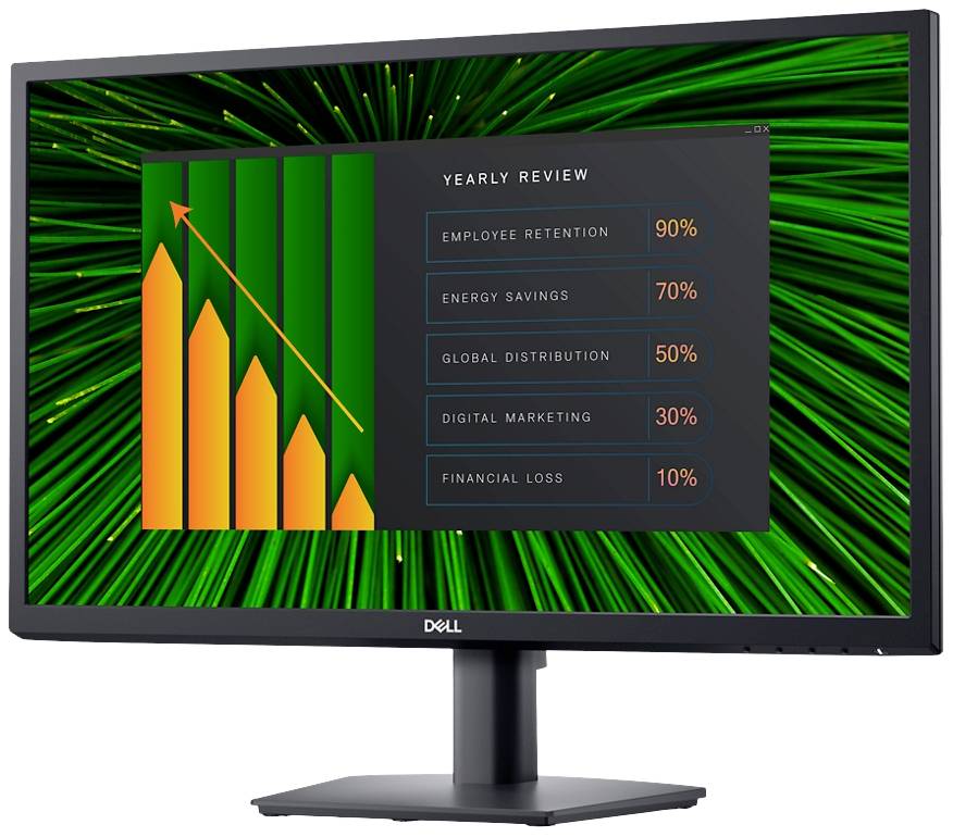 Ein Computermonitor zeigt eine Grafik mit jährlichem Bericht. Haupttrends: Mitarbeiterbindung 90 %, Energieeinsparung 70 %, finanzieller Verlust 10 %.