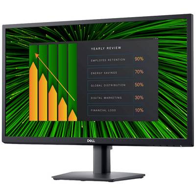 Ein Computermonitor zeigt eine Grafik mit jährlichem Bericht. Haupttrends: Mitarbeiterbindung 90 %, Energieeinsparung 70 %, finanzieller Verlust 10 %.