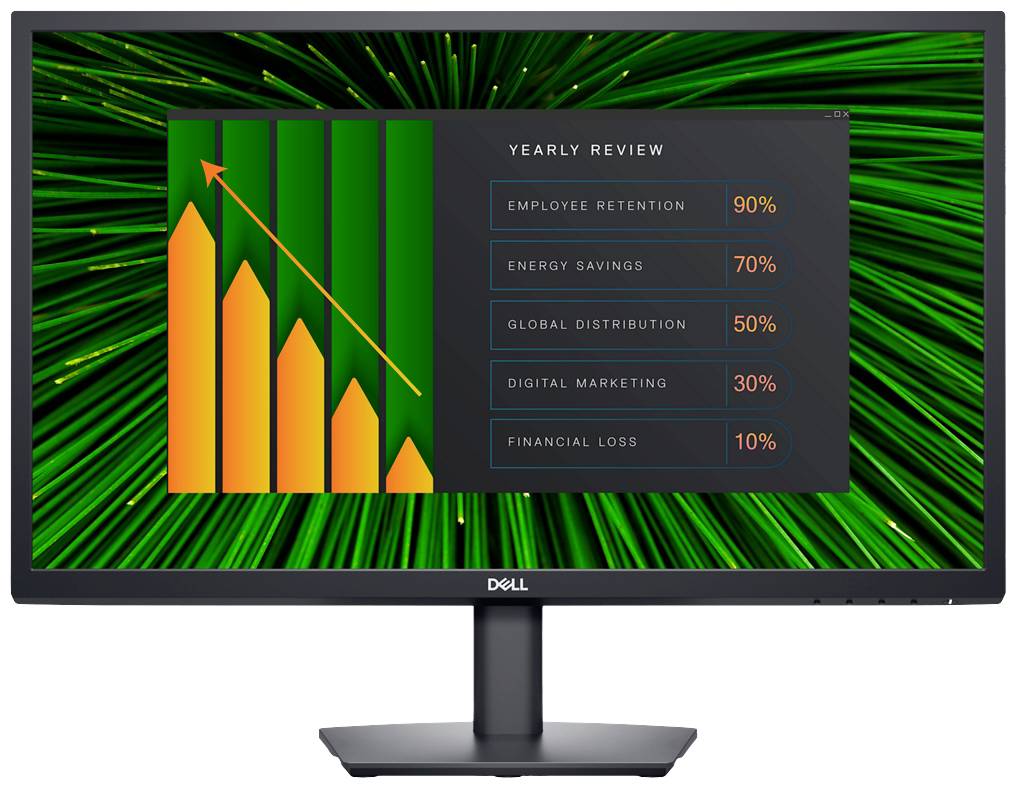 Monitor mit Diagramm und Tabelle. Titel: 'Yearly Review'. Diagramm zeigt steigende Balken. Tabelle listet: Employee Retention 90%, Energy Savings 70%, Global Distribution 50%, Digital Marketing 30%, Financial Loss 10%. Hintergrund in Grün.