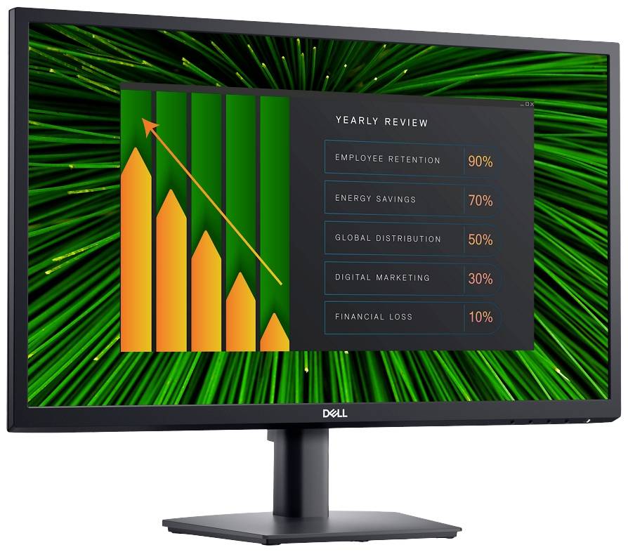 Ein Monitor zeigt ein Diagramm und eine Tabelle. Das Diagramm hat steigende Balken, die Tabelle zeigt 'Yearly Review' mit verschiedenen Prozentsätzen.