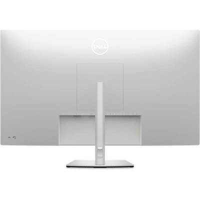 Die Rückseite eines Dell-PC-Bildschirms mit einem schlanken, silbernen Ständer. Oben befindet sich das Dell-Logo.