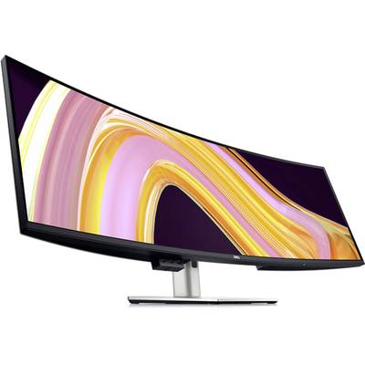Ein breiter, gebogener Computerbildschirm mit lebhaften Farben, der eine dynamische Darstellung visueller Inhalte ermöglicht.