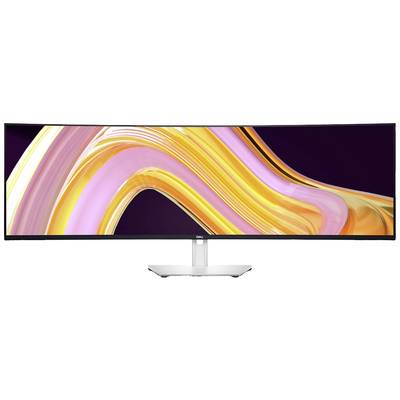 Breiter Dell-Monitor mit gekrümmtem Bildschirm, zeigt abstraktes buntes Muster. Eignet sich ideal für produktive Arbeitsumgebungen.