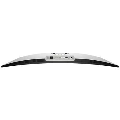 Rückansicht eines gebogenen Computerbildschirms mit mehreren Anschlussmöglichkeiten, darunter HDMI, USB und Netzteilanschluss.