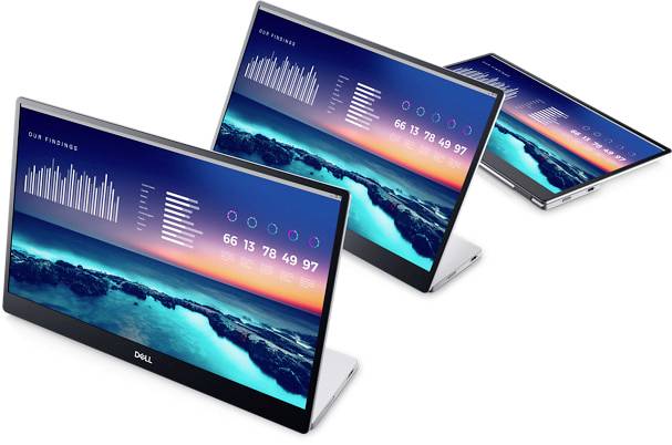 Drei Laptops von Dell stehen nebeneinander, jeweils mit Grafiken und Daten auf dem Bildschirm, die eine Landschaft im Hintergrund zeigen.