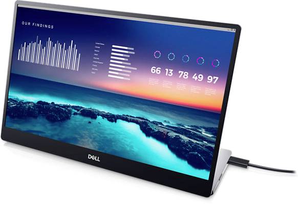Ein Monitor zeigt eine farbenfrohe Grafik mit Statistiken in Form von Balkendiagrammen und Zahlen auf einem Hintergrund aus Meer und Himmel.