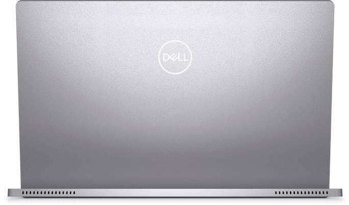 Ein silberner Laptop von hinten mit einem 'Dell'-Logo in der Mitte des Deckels.