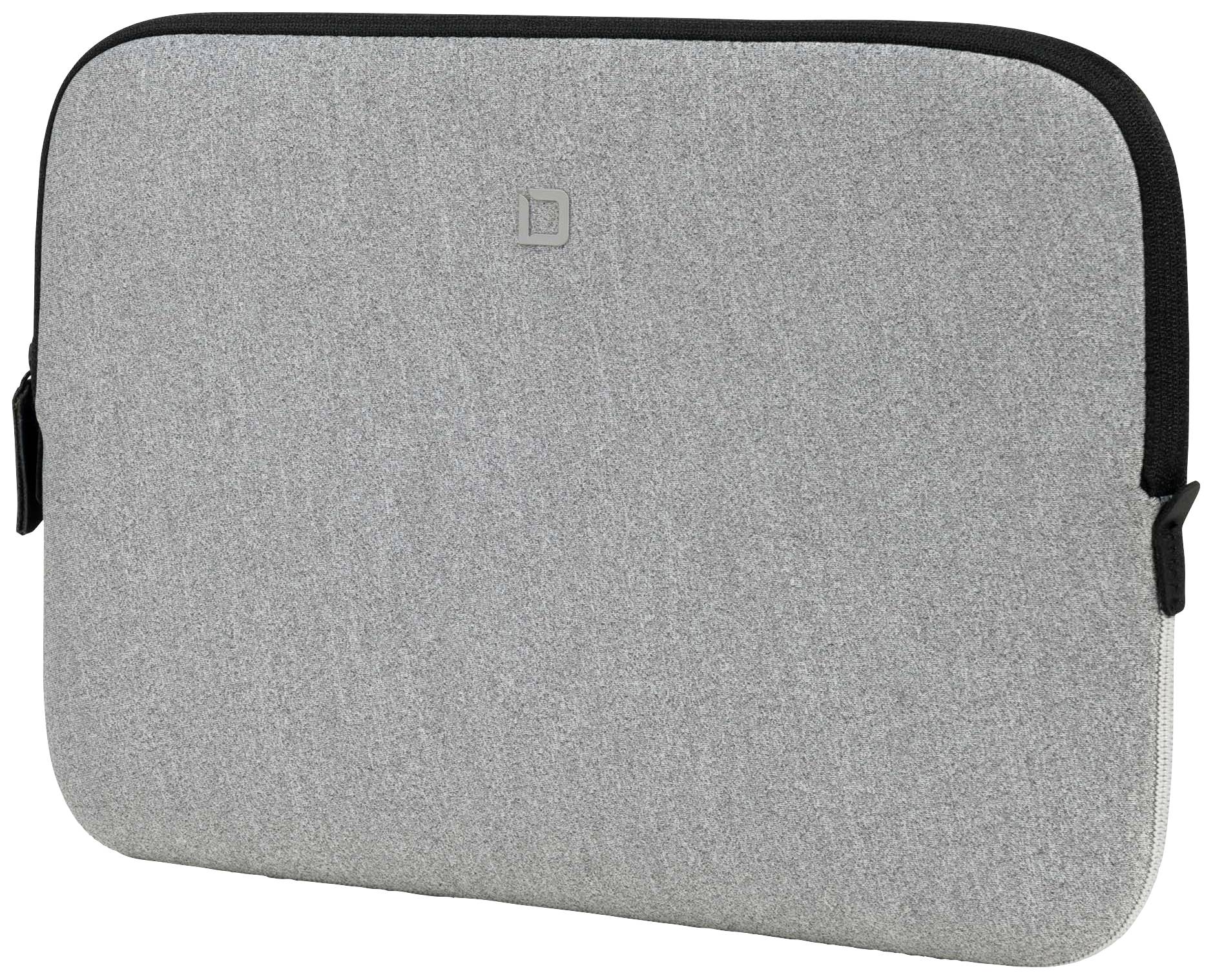 Graue Laptop-Hülle aus Stoff mit Reißverschluss am oberen Rand. Schlichtes Design, geeignet für den Schutz eines Laptops.