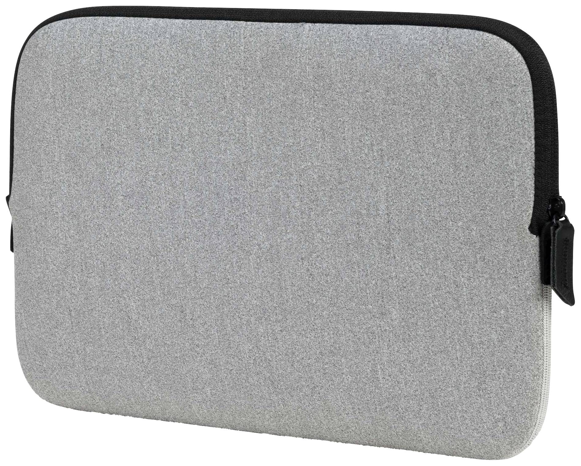 Graue Laptophülle mit schwarzem Reißverschluss, schlichtes Design.