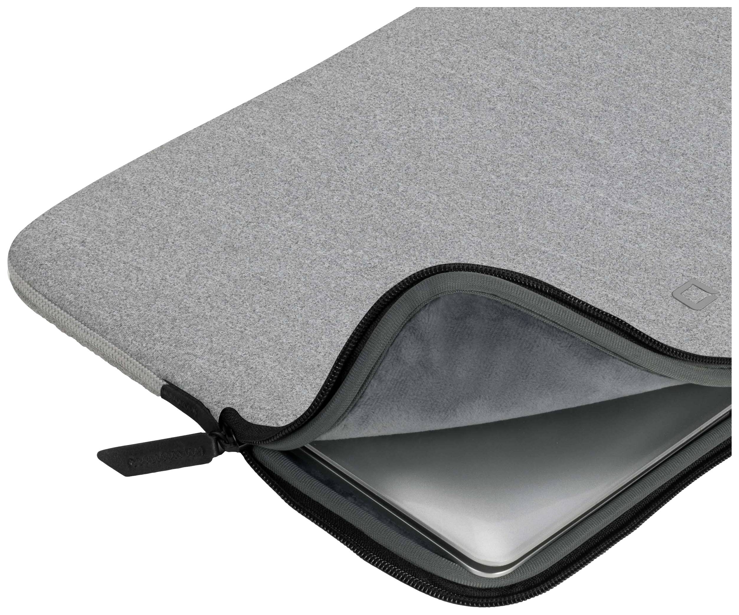 Graue Schutzhülle mit geöffneter Reißverschluss zeigt die Ecke eines Laptops. Ideal für sicheren Transport und Schutz von Geräten.