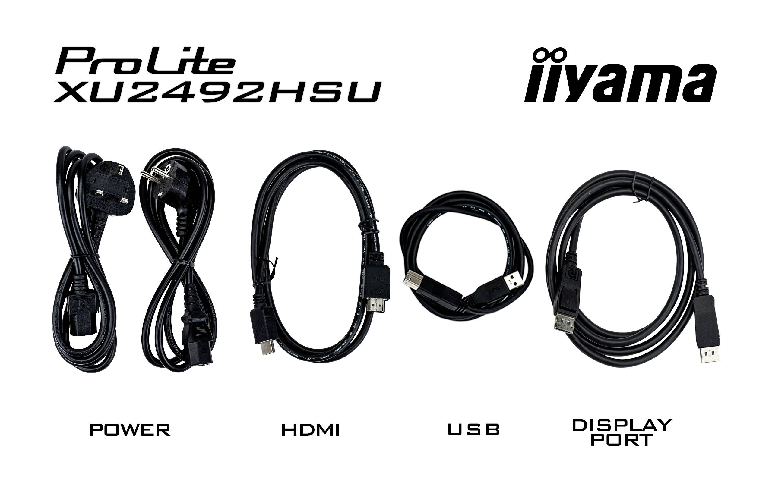 Vier Kabel sind nebeneinander abgebildet, mit Beschriftungen: 'POWER', 'HDMI', 'USB', und 'DISPLAY PORT'. Oben links steht 'ProLite XU2492HSU', oben rechts 'iiyama'.